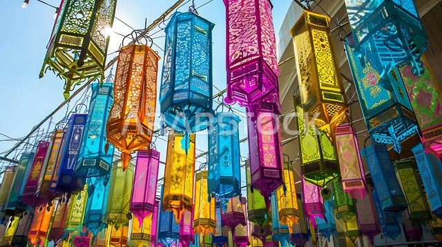 تحف و اكسسوارات مميزة، مجموعة من فوانيس عربية تقليدية مزخرفة، تصاميم سعودية تم إعدادها لمهرجان ثقافي، حرفة صناعة المصابيح الملونة و المعدنية، لفتة و اجواء رائعة وجميلة لتزيين الشوارع والأسواق