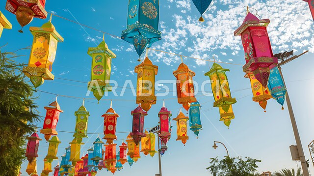 لفتة و اجواء رائعة وجميلة لتزيين الشوارع والأسواق، تحف و اكسسوارات مميزة، مجموعة من فوانيس عربية تقليدية مزخرفة، تصاميم سعودية تم إعدادها لمهرجان ثقافي، حرفة صناعة المصابيح الملونة و المعدنية