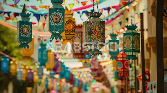 مجموعة من الفوانيس العربية التقليدية المزخرفة ، تصاميم سعودية تم إعدادها لمهرجان ثقافي، حرفة صناعة المصابيح الملونة، تزيين الشوارع والأسواق، تحف و اكسسوارات رمضانية، الإحتفال بالشهر الفضيل