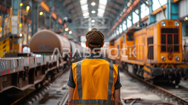 الاشراف على تصنيع وتركيب أجزاء القطارات وتقييم جودتها, صناعات ميكانيكية بأيدي وخبرات سعودية,المصانع والمعامل المختصة بوسائل النقل في المملكة, صورة من الخلف لعامل عربي خليجي سعودي يرتدي السترة البرتقالية يقف أمام السكة الحديدية ويتابع سير العمل بشكل مباشر