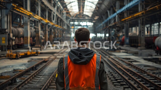 صناعات ميكانيكية بأيدي وخبرات سعودية, الاشراف على تصنيع وتركيب أجزاء القطارات وتقييم جودتها, المصانع والمعامل المختصة بوسائل النقل في المملكة, صورة من الخلف لعامل عربي خليجي سعودي يرتدي السترة البرتقالية يقف أمام السكة الحديدية ويتابع سير العمل بشكل مباشر