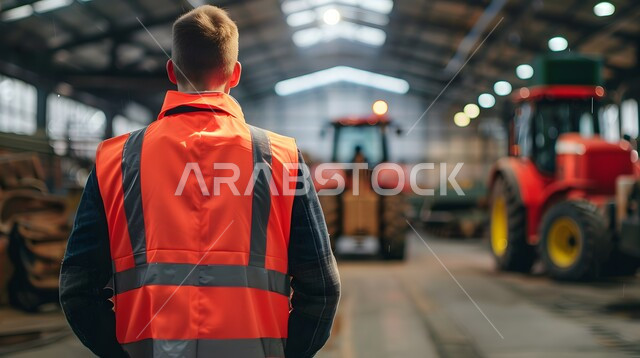 الاشراف على تصنيع المركبات والجرارت وتقييم جودتها, مصانع ومعامل الآليات الثقيلة في المملكة, صورة من الخلف لعامل عربي خليجي سعودي يرتدي السترة البرتقالية للحماية يقف داخل المصنع, متابعة سير العمل بشكل مباشر, صناعات ميكانيكية بأيدي وخبرات سعودية