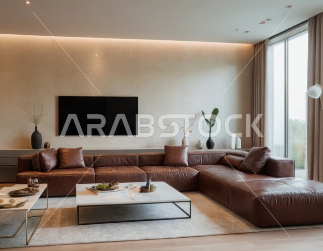 الديكورات الداخلية لغرف الجلوس على الطراز الحديث، تحف واكسسوارات عصرية, الاهتمام بنباتات الزينة الخضراء، غرفة معيشة مع أثاث منزلي فاخر، ديكور داخلي راقي للفلل والشقق السكنية في المملكة العربية السعودية