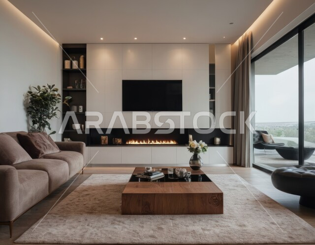 Interior decoration for living rooms in a modern style, modern antiques and accessories, interest in green ornamental plants, a living room with luxury home furniture, upscale interior decoration for villas and residential apartments in the Kingdom of Saudi Arabia