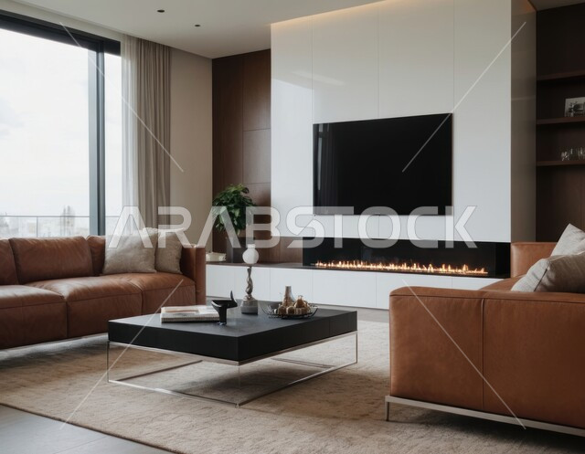 Interior decoration for living rooms in a modern style, modern antiques and accessories, interest in green ornamental plants, a living room with luxury home furniture, upscale interior decoration for villas and residential apartments in the Kingdom of Saudi Arabia