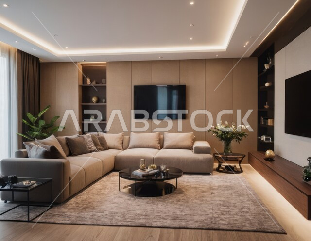 الديكورات الداخلية لغرف الجلوس على الطراز الحديث، تحف واكسسوارات عصرية, الاهتمام بنباتات الزينة الخضراء، غرفة معيشة مع أثاث منزلي فاخر، ديكور داخلي راقي للفلل والشقق السكنية في المملكة العربية السعودية