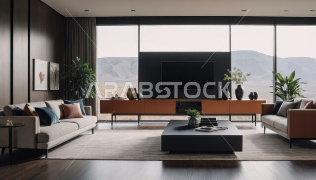 Sophisticated interior décor for villas and residential apartments in the Kingdom of Saudi Arabia, interior décor for living rooms in a modern style, modern antiques and accessories, interest in green ornamental plants, a living room with luxury home furniture