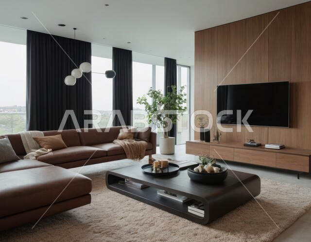 ديكور داخلي راقي للفلل والشقق السكنية في المملكة العربية السعودية، الديكورات الداخلية لغرف الجلوس على الطراز الحديث، تحف واكسسوارات عصرية, الاهتمام بنباتات الزينة الخضراء، غرفة معيشة مع أثاث منزلي فاخر