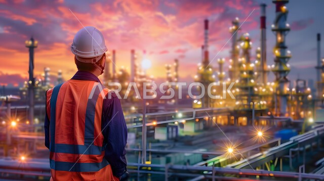 تقدم وتطور المجال الصناعي في السعودية, صورة من الخلف لمهندس عربي خليجي سعودي يرتدي سترة الحماية البرتقالية وخوذة الرأس, متابعة سير العمل والاشراف عليه, صناعات تساعد في نهضة الاقتصاد السعودي, المصانع والمعامل الكبيرة في المملكة
