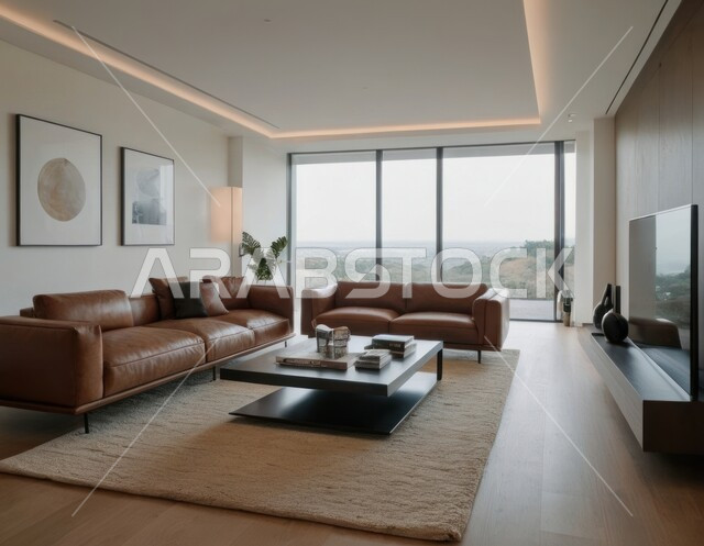 Modern antiques and accessories, interest in green ornamental plants, a living room with luxurious home furniture, sophisticated interior decor for villas and residential apartments in the Kingdom of Saudi Arabia, modern-style living room interiors