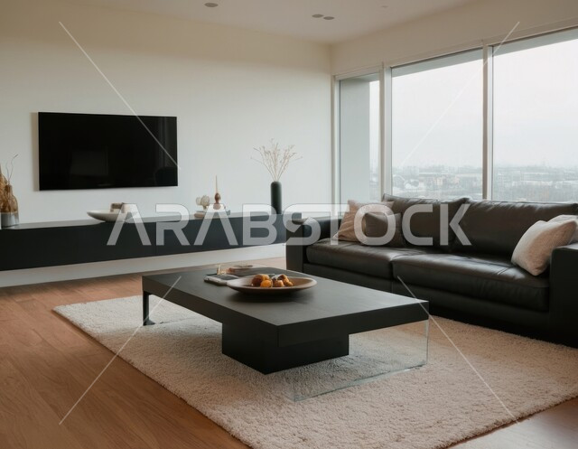 Modern antiques and accessories, interest in green ornamental plants, a living room with luxurious home furniture, sophisticated interior decor for villas and residential apartments in the Kingdom of Saudi Arabia, modern-style living room interiors