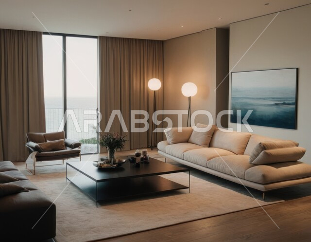 Modern antiques and accessories, interest in green ornamental plants, a living room with luxurious home furniture, sophisticated interior decor for villas and residential apartments in the Kingdom of Saudi Arabia, modern-style living room interiors