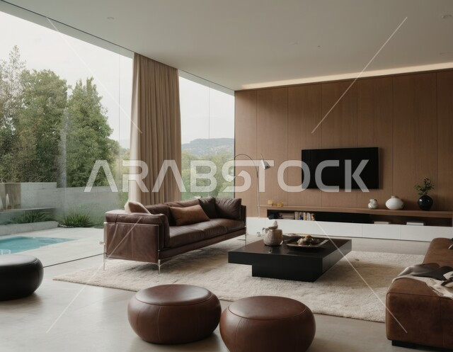 Modern antiques and accessories, interest in green ornamental plants, a living room with luxurious home furniture, sophisticated interior decor for villas and residential apartments in the Kingdom of Saudi Arabia, modern-style living room interiors