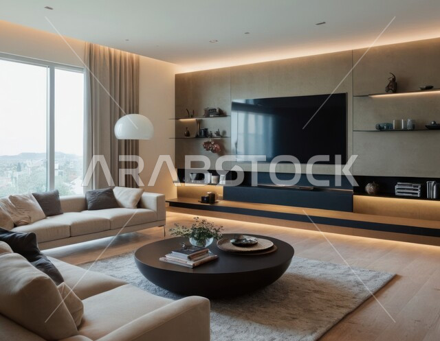 Modern antiques and accessories, interest in green ornamental plants, a living room with luxurious home furniture, sophisticated interior decor for villas and residential apartments in the Kingdom of Saudi Arabia, modern-style living room interiors