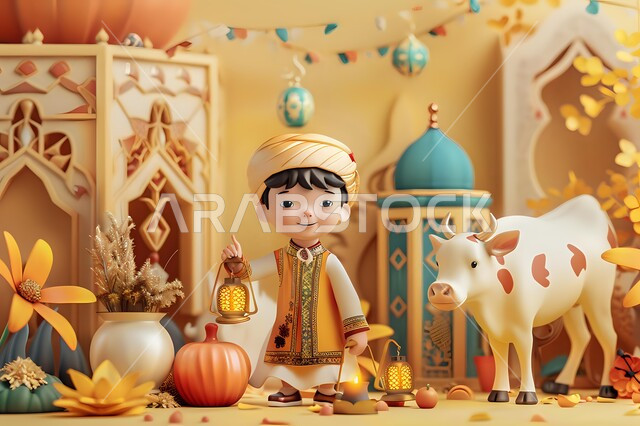 دمى ومجسمات للإحتفال بقدوم شهر الخير، ديكورات وأنوارابتهاجاً بالأجواء الروحانية، مجسم لولد صغير يرتي الملابس التقليدية يحمل بيده فانوس معدني صغير، إضاءة وزينة رمضان المبارك، تحف متميزة ثلاثية الأبعاد، المناسبات والأعياد الدينية الإسلامية