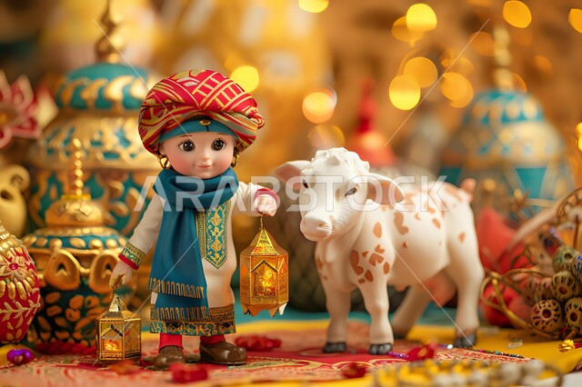 Dolls and models to celebrate the coming of the month of goodness, decorations and lights to rejoice in the spiritual atmosphere, a model of a young boy wearing traditional clothes and holding a small metal lantern in his hand, lighting and decorations for the blessed Ramadan, distinctive three-dimensional antiques, Islamic religious occasions and holidays.