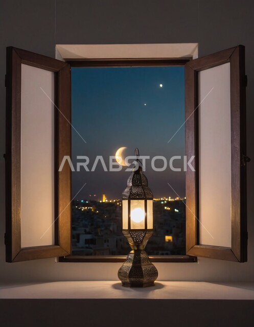 مناسبات وأعياد دينية اسلامية، الاحتفال بقدوم شهر الخير، أنوار وديكورات ذهبية في الأجواء الرمضانية الروحانية، الفن الاسلامي للتحف والاكسسوارات، إضاءة وزينة شهر رمضان المبارك، فانوس عربي معدني مزخرف مضيئ