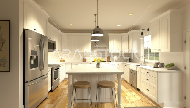 مطبخ بديكورات داخلية عصرية فاخرة مع واجهه زجاجية باطلالة على النباتات الخضراء، فنون الهندسة المعمارية المتميزة الحديثة، شقق وفلل سكنية في السعودية، استخدام الطراز الفني الراقي في الأثاث المنزلي الخشبي