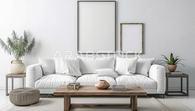 ديكور داخلي راقي للفلل والشقق السكنية في المملكة العربية السعودية، اكسسوارات وتحف عصرية، الاهتمام بنباتات الزينة، غرفة معيشة مع أثاث منزلي فاخر، التصاميم الداخلية لغرف الجلوس على الطراز الحديث