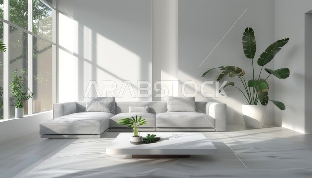 Elegant interior design for villas and apartments in Saudi Arabia, modern antiques and accessories, ornamental plants, living room with luxury home furniture, modern living room interior designs