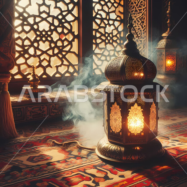 Islamic style accessories and antiques, Arabic metal lantern decorated with light, spiritual Ramadan atmosphere, distinctive decorations and designs for decorating and lighting the month of goodness, welcoming the holy month of Ramadan, Islamic religious occasions and holidays
