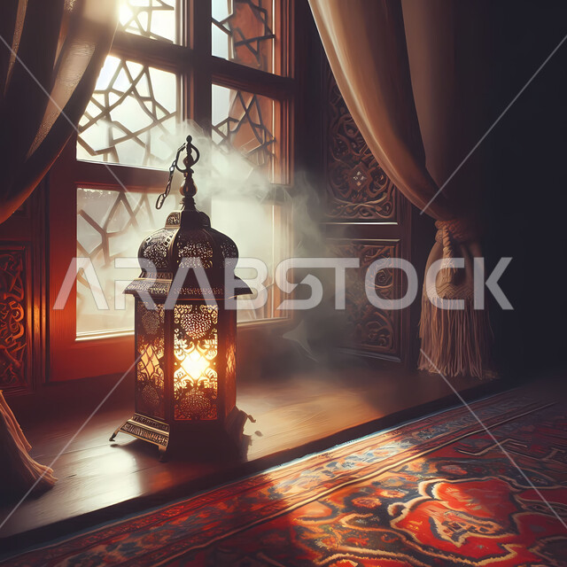 Islamic style accessories and antiques, Arabic metal lantern decorated with light, spiritual Ramadan atmosphere, distinctive decorations and designs for decorating and lighting the month of goodness, welcoming the holy month of Ramadan, Islamic religious occasions and holidays