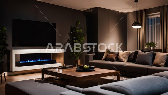 Living room with modern contemporary designs, interior decorations for living rooms in the Kingdom of Saudi Arabia, high-end home furniture and luxury accessories, advanced engineering art in building contemporary residential apartments and villas