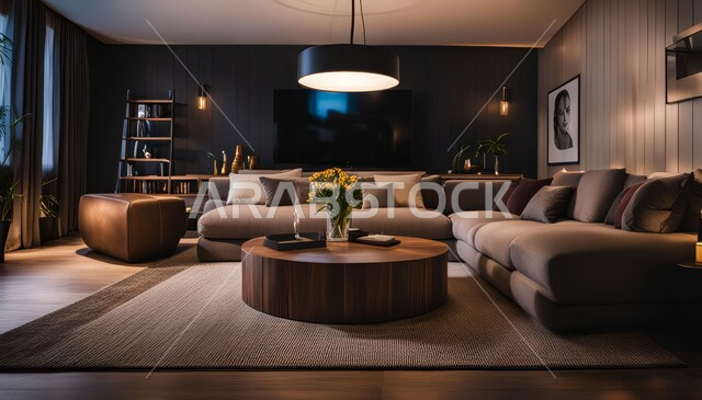 غرفة معيشة بتصاميم عصرية حديثة، ديكورات داخليه لغرف الجلوس في المملكة العربية السعودية, أثاث منزلي راقي واكسسوارات فاخرة، الفن الهندسي المتطور في بناء الشقق والفلل السكنية المعاصرة