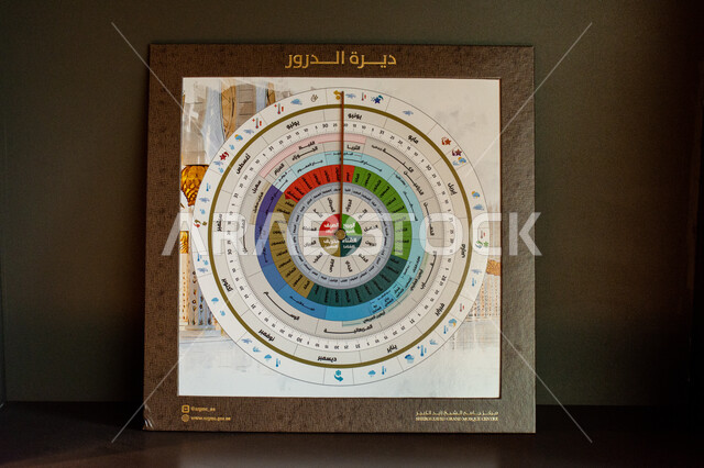 A decorative wooden frame containing the “Deira Al-Doror” calendar, a group of circles colored in different colors and arranged in a scientific manner, reviving the cultural heritage of knowledge, the concept of ancient astronomical calculation, and interest in astronomical sciences in the United Arab Emirates.