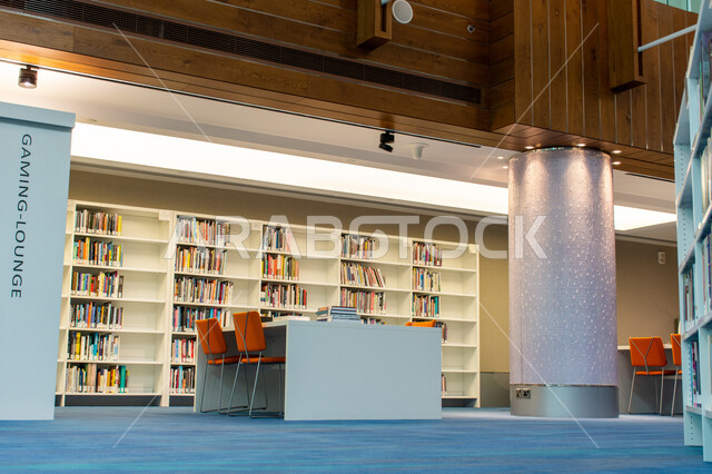 A beacon of thought and knowledge, places for reading and culture, luxurious interiors in the Mohammed bin Rashid Library in Dubai, a cultural edifice of knowledge, providing amenities for readers, shelves of books, stories and novels, famous tourist attractions in the United Arab Emirates