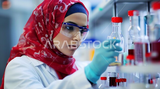 استعمال الأنابيب الزجاجية المعقمة لتحليل العينات المختلفة، معمل الصناعات الدوائية، مختبرات الفحوصات الطبية والتحاليل الكيمائية، صورة مقربة لفتاة مخبرية محجبة ترتدي نظارات الحماية والمعطف الطبي تقوم بإجراء التجارب والبحوث العلمية عبر التكنولوجيا الحيوية
