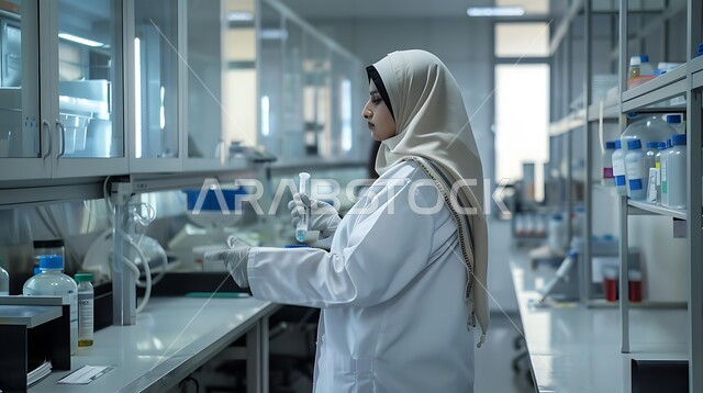 استعمال الأنابيب الزجاجية المعقمة لتحليل العينات المختلفة، معمل الصناعات الدوائية، مختبرات الفحوصات الطبية والتحاليل الكيمائية، صورة مقربة لفتاة مخبرية محجبة ترتدي نظارات الحماية والمعطف الطبي تقوم بإجراء التجارب والبحوث العلمية عبر التكنولوجيا الحيوية