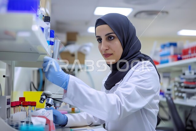 استعمال الأنابيب الزجاجية المعقمة لتحليل العينات المختلفة، معمل الصناعات الدوائية، مختبرات الفحوصات الطبية والتحاليل الكيمائية، صورة مقربة لفتاة مخبرية محجبة ترتدي نظارات الحماية والمعطف الطبي تقوم بإجراء التجارب والبحوث العلمية عبر التكنولوجيا الحيوية
