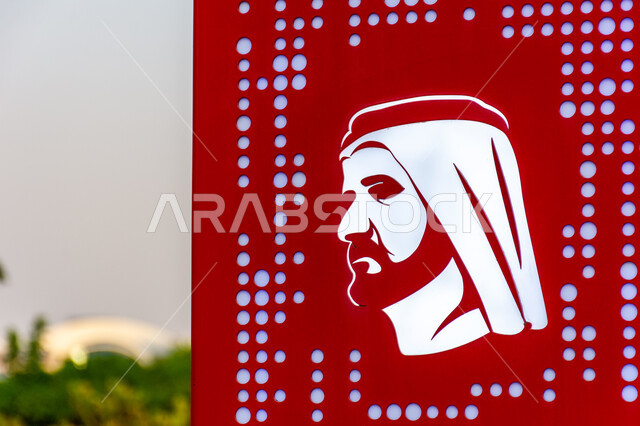 فعاليات ثقافية ترفيهية، التشجيع على القراءة وتنمية المهارات الأدبية والفنية، حب المعرفة والاستكشاف، صورة مقربة لسمو الشيخ محمد بن راشد اّل مكتوم على الأعمدة الملونة في حديقة المكتبة، التصميم الفني المميز، معالم سياحية مشهورة في امارة دبي في الامارات العربية المتحدة
