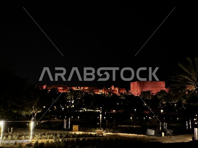 Historical landmarks of Saudi Arabia, ancient archaeological buildings, planting plants and palm trees, the historic Diriyah development project, famous historical and archaeological tourist places in Riyadh, the historic Al-Turaif neighborhood in Diriyah in Riyadh in the Kingdom of Saudi Arabia