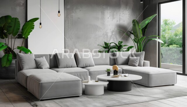 ديكور داخلي راقي للفلل والشقق السكنية في المملكة العربية السعودية، اكسسوارات وتحف عصرية، الاهتمام بنباتات الزينة، غرفة معيشة مع أثاث منزلي فاخر، التصاميم الداخلية لغرف الجلوس على الطراز الحديث