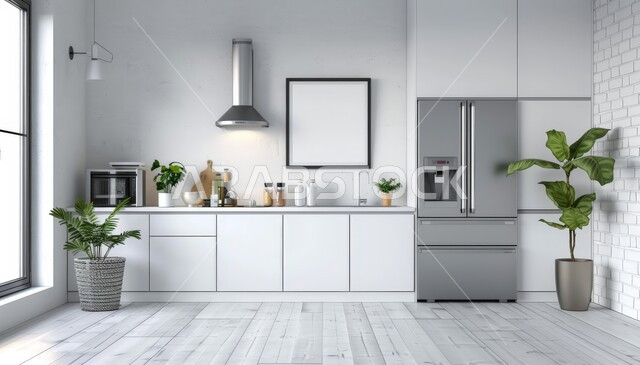 مطبخ بديكورات داخلية عصرية فاخرة مع واجهه زجاجية باطلالة على النباتات الخضراء، فنون الهندسة المعمارية المتميزة الحديثة، شقق وفلل سكنية في السعودية، استخدام الطراز الفني الراقي في الأثاث المنزلي الخشبي