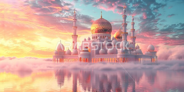المآذن والقبب المزخرفة، ديكورات وتصاميم اسلامية ثري دي، رسم توضيحي لتصميم مسجد اسلامي باللون الأبيض في الأماكن الطبيعية، الفن الهندسي المعماري على الطراز العربي العريق، اماكن للعبادة والطاعه والتقرب الى الله، خلفية الطبيعة