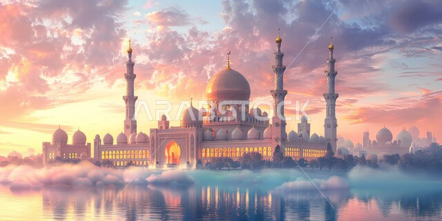 المآذن والقبب المزخرفة، ديكورات وتصاميم اسلامية ثري دي، رسم توضيحي لتصميم مسجد اسلامي باللون الأبيض في الأماكن الطبيعية، الفن الهندسي المعماري على الطراز العربي العريق، اماكن للعبادة والطاعه والتقرب الى الله، خلفية الطبيعة
