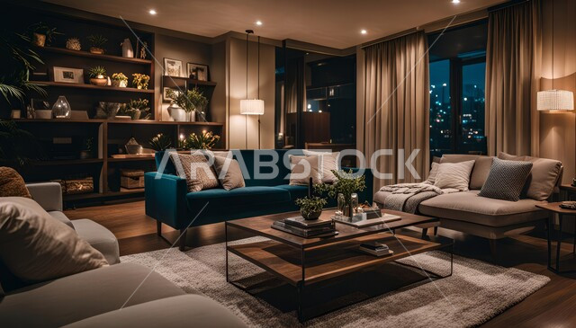 ديكور داخلي راقي للفلل والشقق السكنية في المملكة العربية السعودية، أثاث منزلي فاخر لغرفة معيشة، التصاميم الداخلية لغرف الجلوس على الطراز الحديث باللون الكحلي