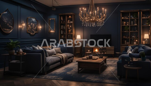 ديكور داخلي راقي للفلل والشقق السكنية في المملكة العربية السعودية، أثاث منزلي فاخر لغرفة معيشة، التصاميم الداخلية لغرف الجلوس على الطراز الحديث باللون الكحلي