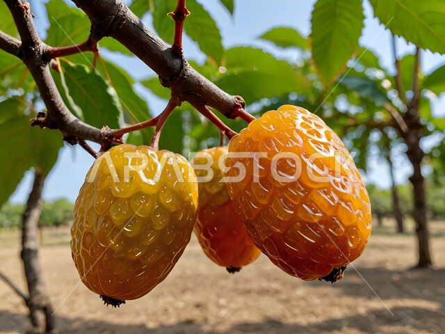 موسم القطاف و الحصاد، الاهتمام بالنباتات و الاشجار الخضراء المثمرة, محاصيل و منتجات زراعيه محلية وطنية ,محمية طبيعية لزراعة أشجار النخيل في المملكة العربية السعودية، صورة مقربة لعنقود من حبات الرطب الطازج