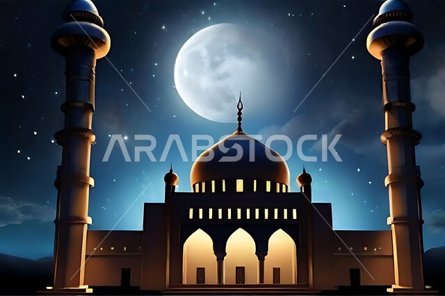 تصميم متميز لقبب ومآذن المسجد في وضع الليل، منظر طبيعي للنجوم المتناثره في السماء ليلا, العباده والتقرب الى الله واداء الصلاه في المساجد، خلفيات وديكورات اسلامية، الفن الهندسي المعماري على الطراز الاسلامي