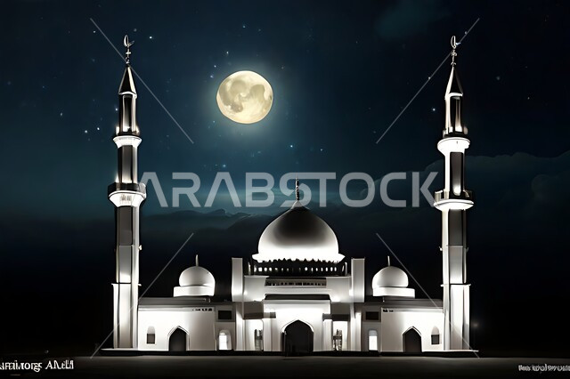 تصميم متميز لقبب ومآذن المسجد في وضع الليل، منظر طبيعي للنجوم المتناثره في السماء ليلا, العباده والتقرب الى الله واداء الصلاه في المساجد، خلفيات وديكورات اسلامية، الفن الهندسي المعماري على الطراز الاسلامي