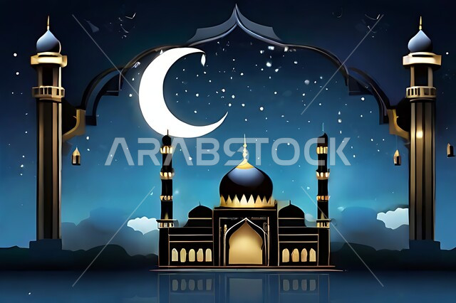 تصميم متميز لقبب ومآذن المسجد في وضع الليل، منظر طبيعي للنجوم المتناثره في السماء ليلا, العباده والتقرب الى الله واداء الصلاه في المساجد، خلفيات وديكورات اسلامية، الفن الهندسي المعماري على الطراز الاسلامي