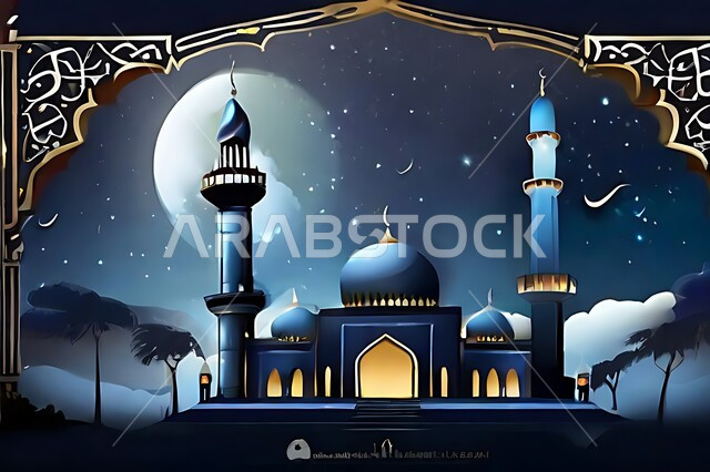 تصميم متميز لقبب ومآذن المسجد في وضع الليل، منظر طبيعي للنجوم المتناثره في السماء ليلا, العباده والتقرب الى الله واداء الصلاه في المساجد، خلفيات وديكورات اسلامية، الفن الهندسي المعماري على الطراز الاسلامي