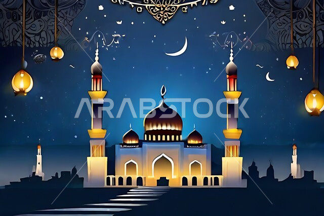 تصميم متميز لقبب ومآذن المسجد في وضع الليل، منظر طبيعي للنجوم المتناثره في السماء ليلا, العباده والتقرب الى الله واداء الصلاه في المساجد، خلفيات وديكورات اسلامية، الفن الهندسي المعماري على الطراز الاسلامي