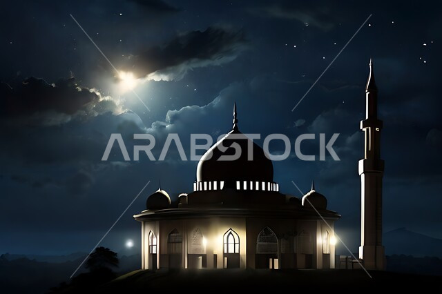 تصميم متميز لقبب ومآذن المسجد في وضع الليل، منظر طبيعي للنجوم المتناثره في السماء ليلا, العباده والتقرب الى الله واداء الصلاه في المساجد، خلفيات وديكورات اسلامية، الفن الهندسي المعماري على الطراز الاسلامي