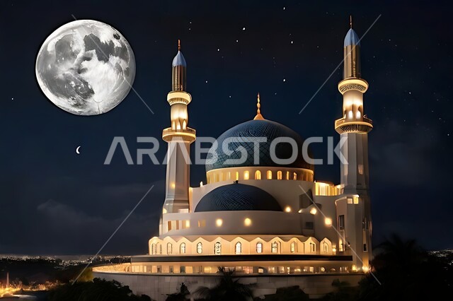 تصميم متميز لقبب ومآذن المسجد في وضع الليل، منظر طبيعي للنجوم المتناثره في السماء ليلا, العباده والتقرب الى الله واداء الصلاه في المساجد، خلفيات وديكورات اسلامية، الفن الهندسي المعماري على الطراز الاسلامي