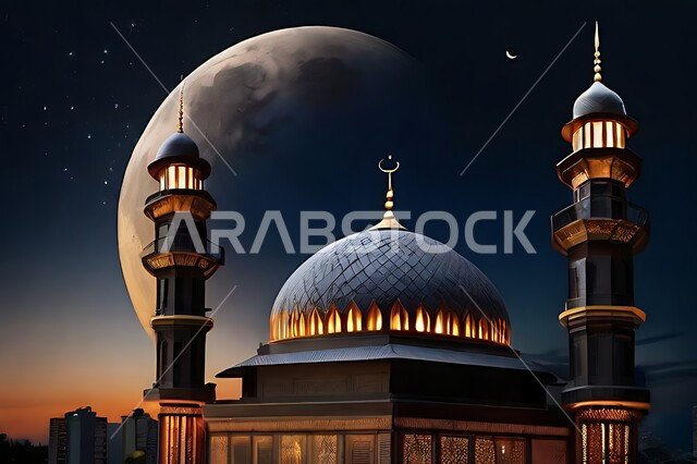 Distinctive design of the domes and minarets of the mosque in night mode, a natural view of the stars scattered in the sky at night, worship and getting closer to God and performing prayers in mosques, Islamic backgrounds and decorations, architectural engineering art in the Islamic style